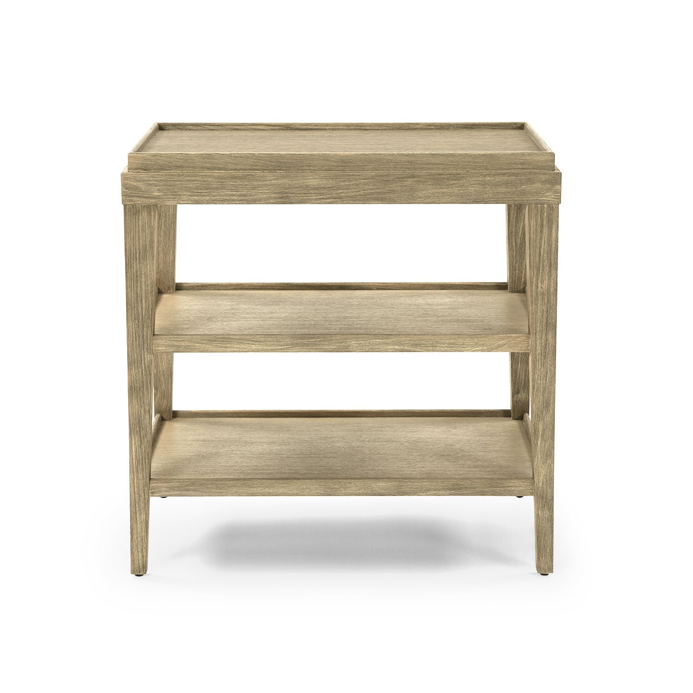 Front view of light wood three-tier side table.