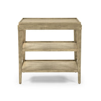 Front view of light wood three-tier side table.