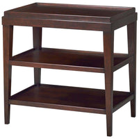 Mahogany three-tier side table front view, wooden finish.