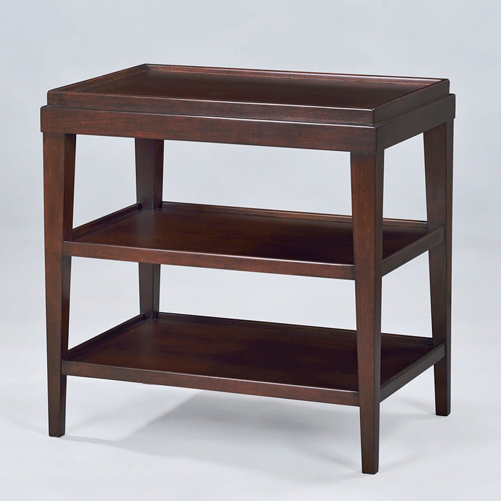 Three-tier side table angled view, rich mahogany wood.