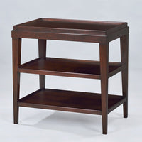 Three-tier side table angled view, rich mahogany wood.