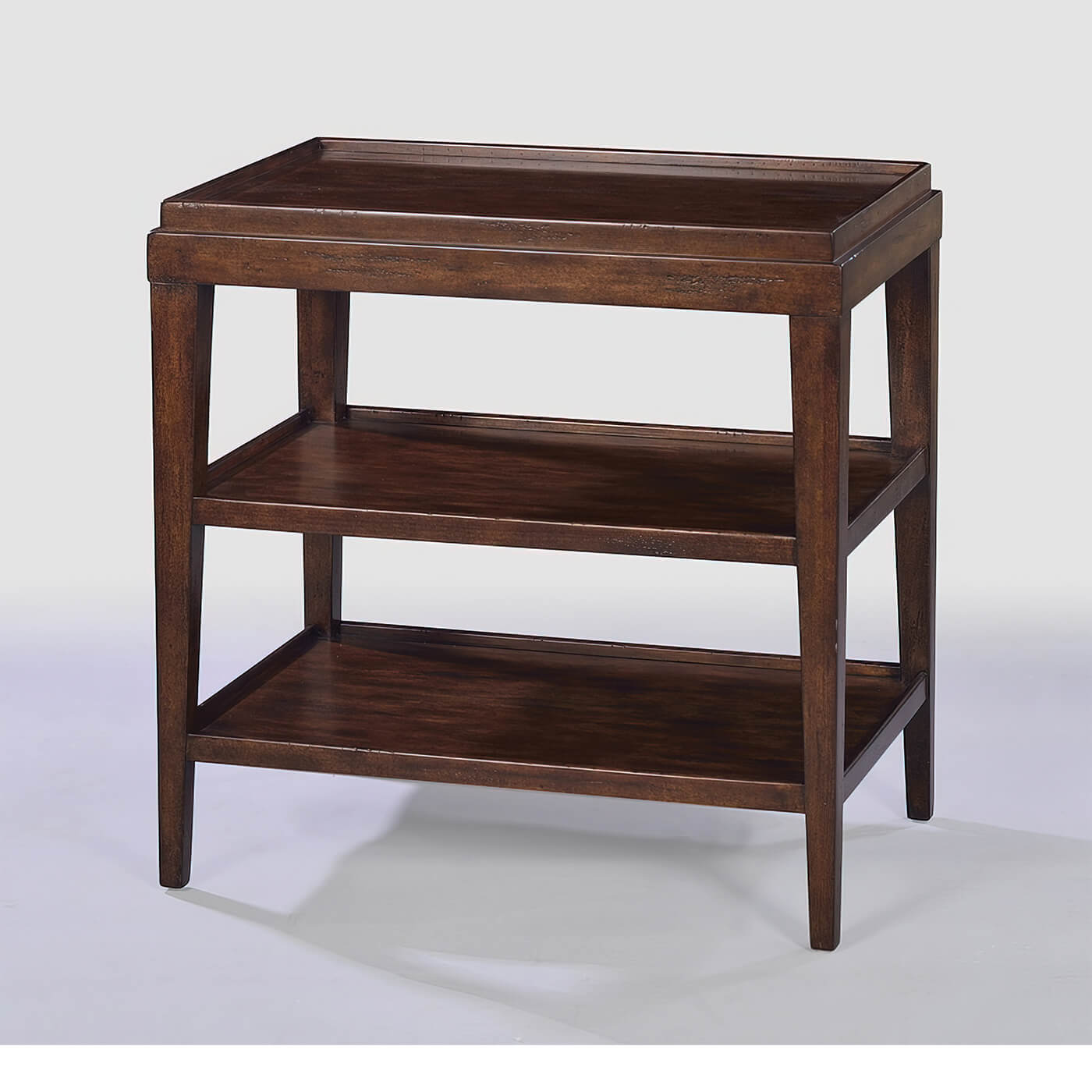 Three-tier side table angled view in rustic finish.