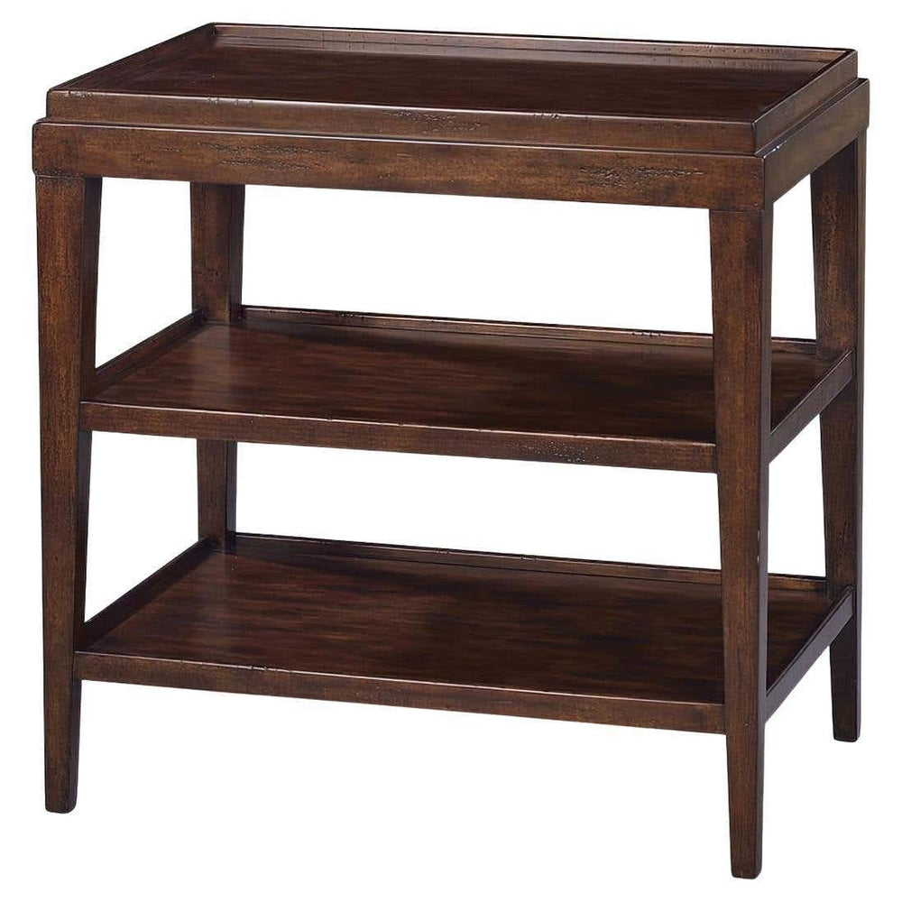 Three-tier side table front view in rustic finish.