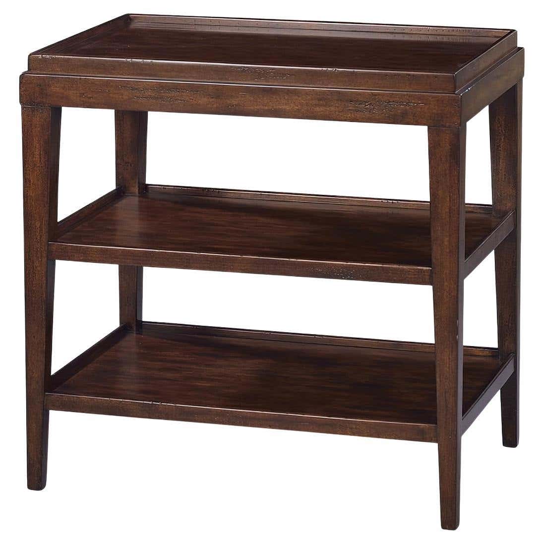 Three-tier side table front view in rustic finish.