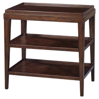 Three-tier side table front view in rustic finish.