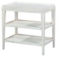 Rustic white three-tier side table front view.
