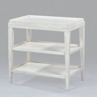 Rustic white side table with two shelves, angled view.
