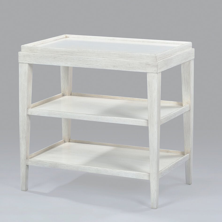 Rustic white side table with two shelves, angled view.