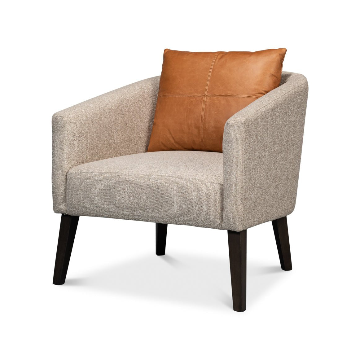 Classic tub chair front view with leather pillow.