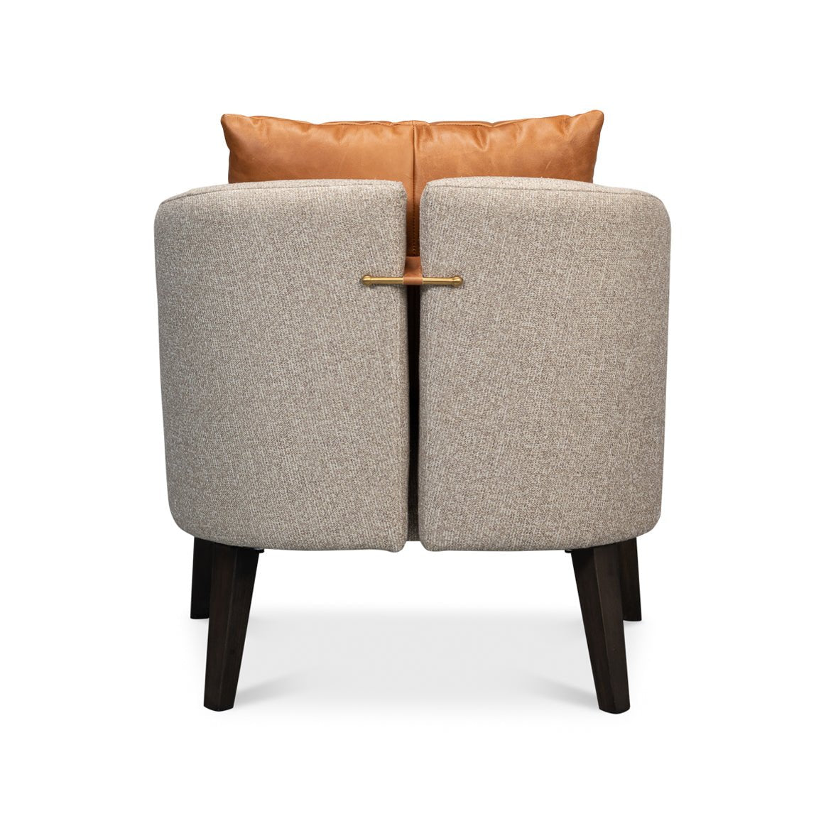 Classic tub chair rear view highlighting brass accent.