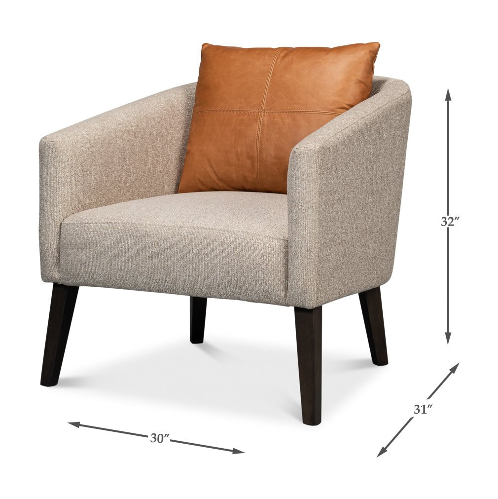 Classic tub chair dimensions illustration with leather pillow.