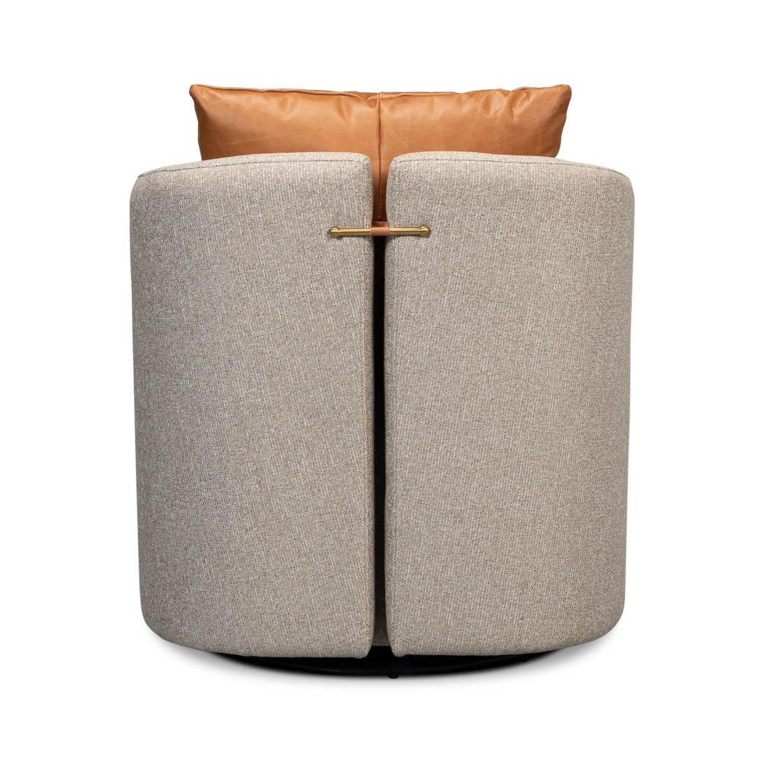 Rear view of swivel chair, metal handle, cushion visible.