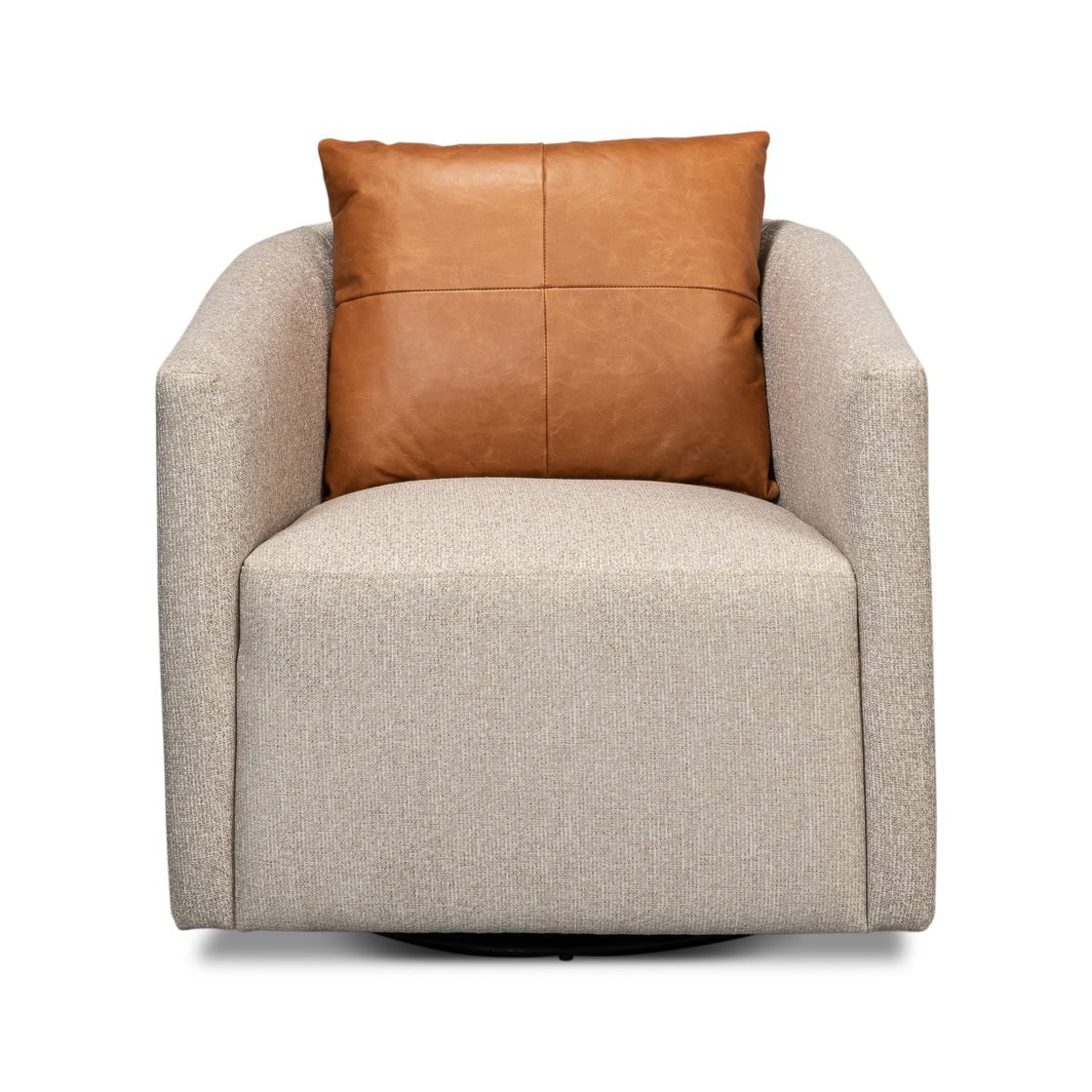 Front view of swivel chair, beige fabric, cushion.