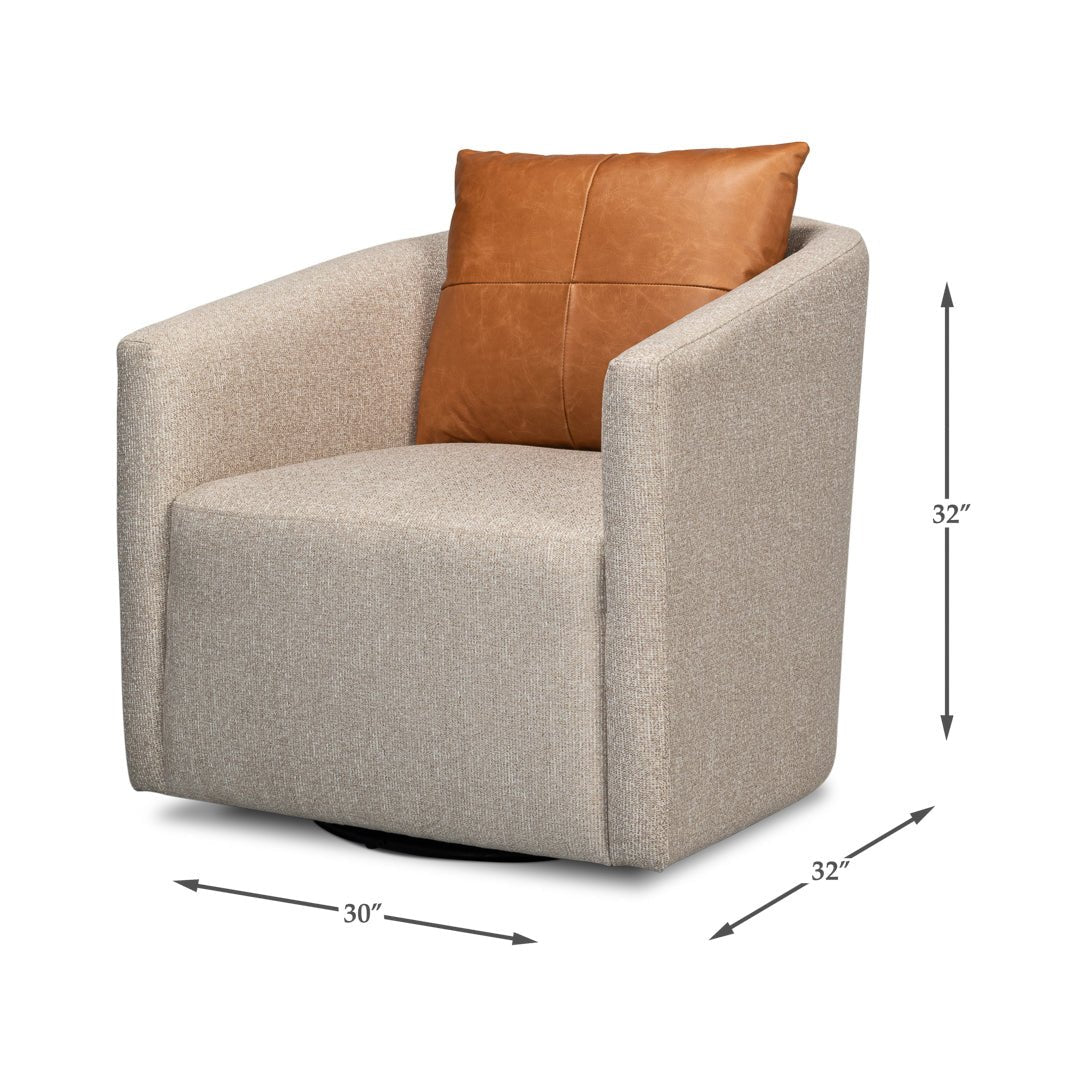 Dimensions of tub swivel chair with brown cushion shown.