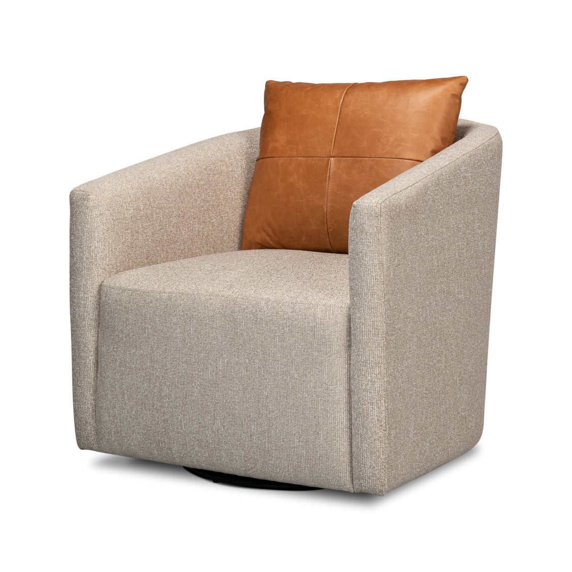Beige swivel tub chair with brown cushion, front view.