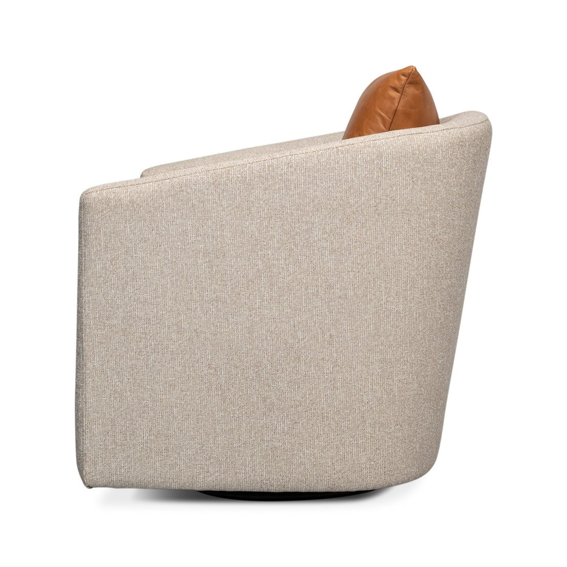 Side view of beige swivel chair with cushion.