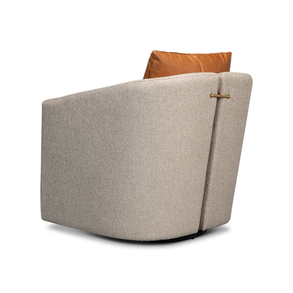 Angled back view of beige swivel chair, handle detail.