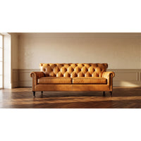 Brown tufted leather sofa in minimalistic room, front view.
