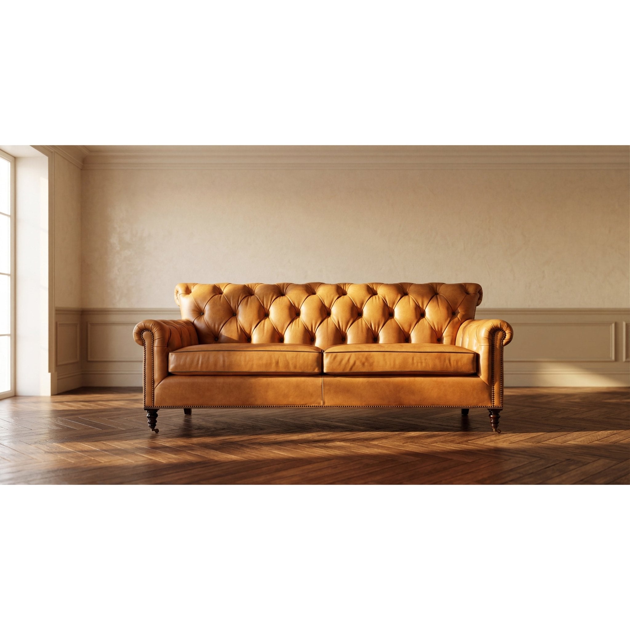Brown tufted leather sofa in minimalistic room, front view.