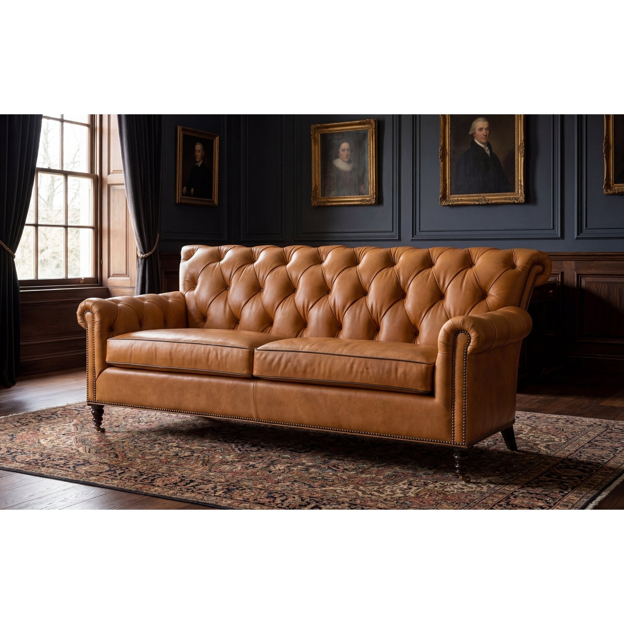 Brown tufted leather sofa in elegant room setting, window view.