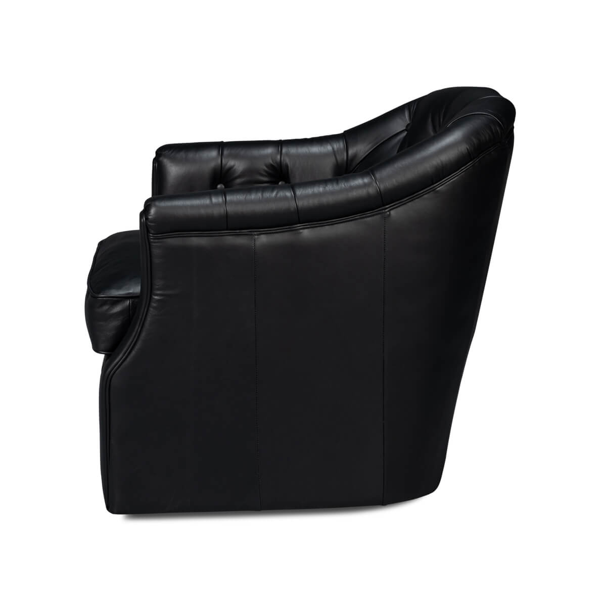 Classic tufted black leather armchair, side profile view.