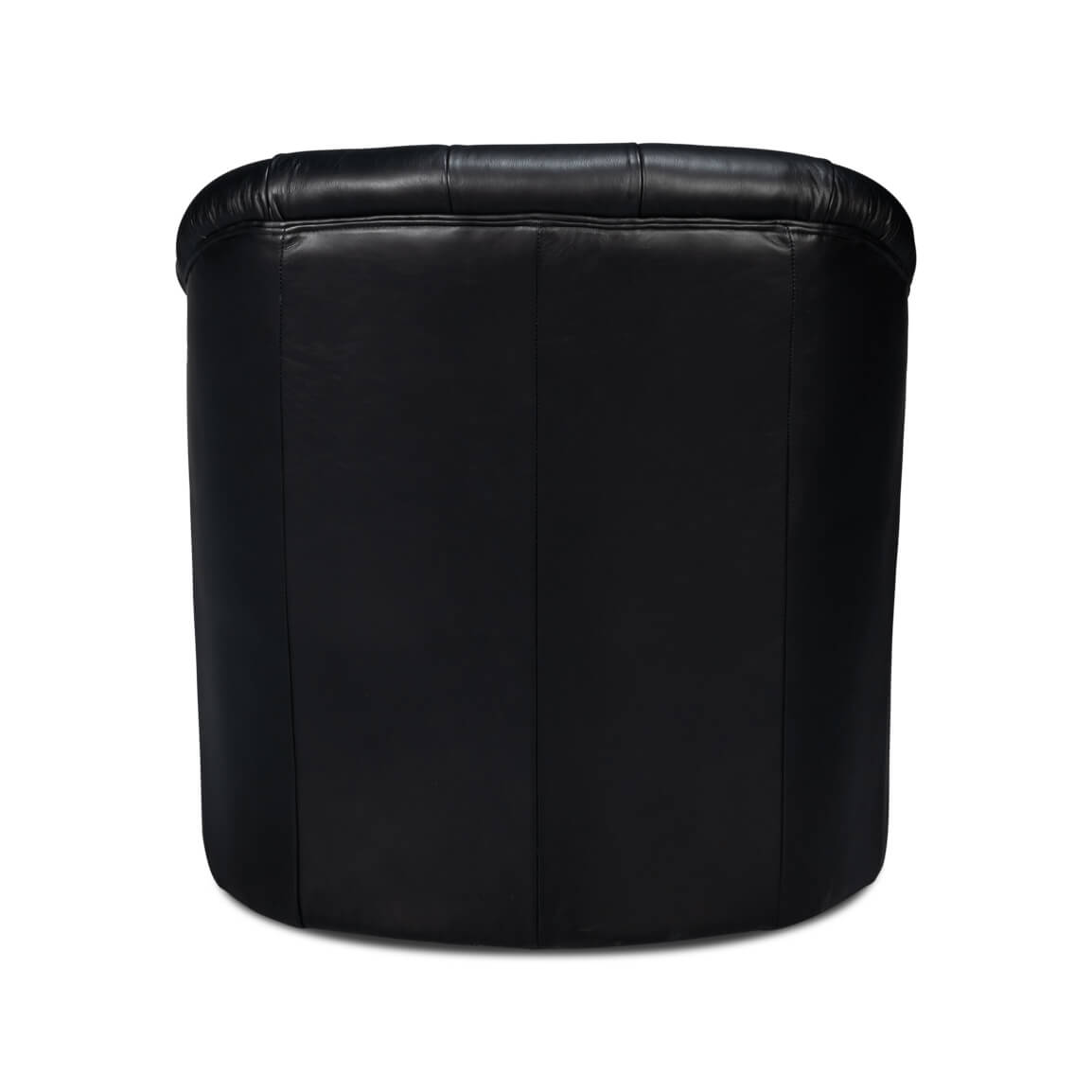 Classic tufted black leather armchair, rear view.