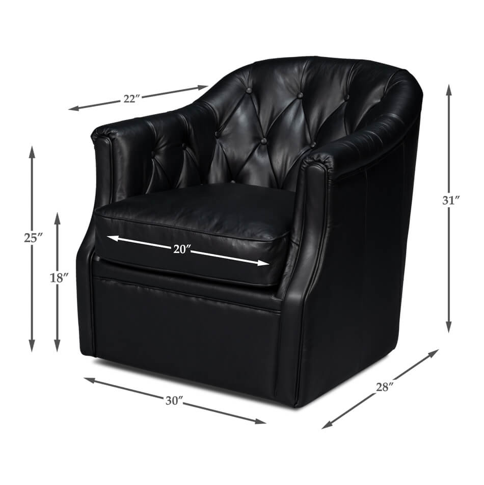Dimensions of classic tufted black leather armchair.
