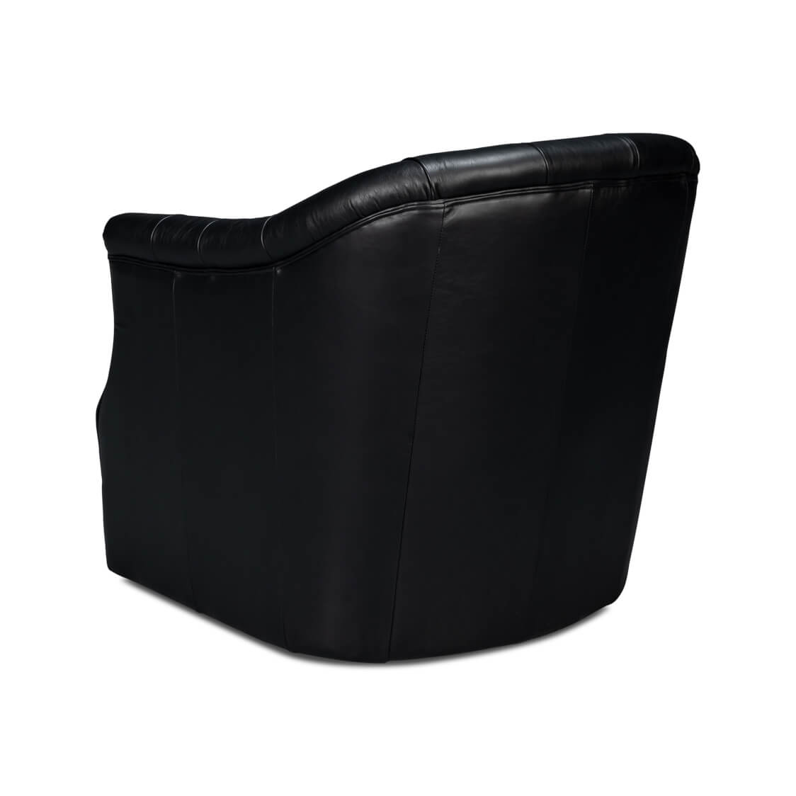 Classic tufted black leather armchair, back angle view.