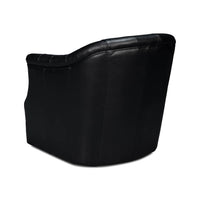 Classic tufted black leather armchair, back angle view.