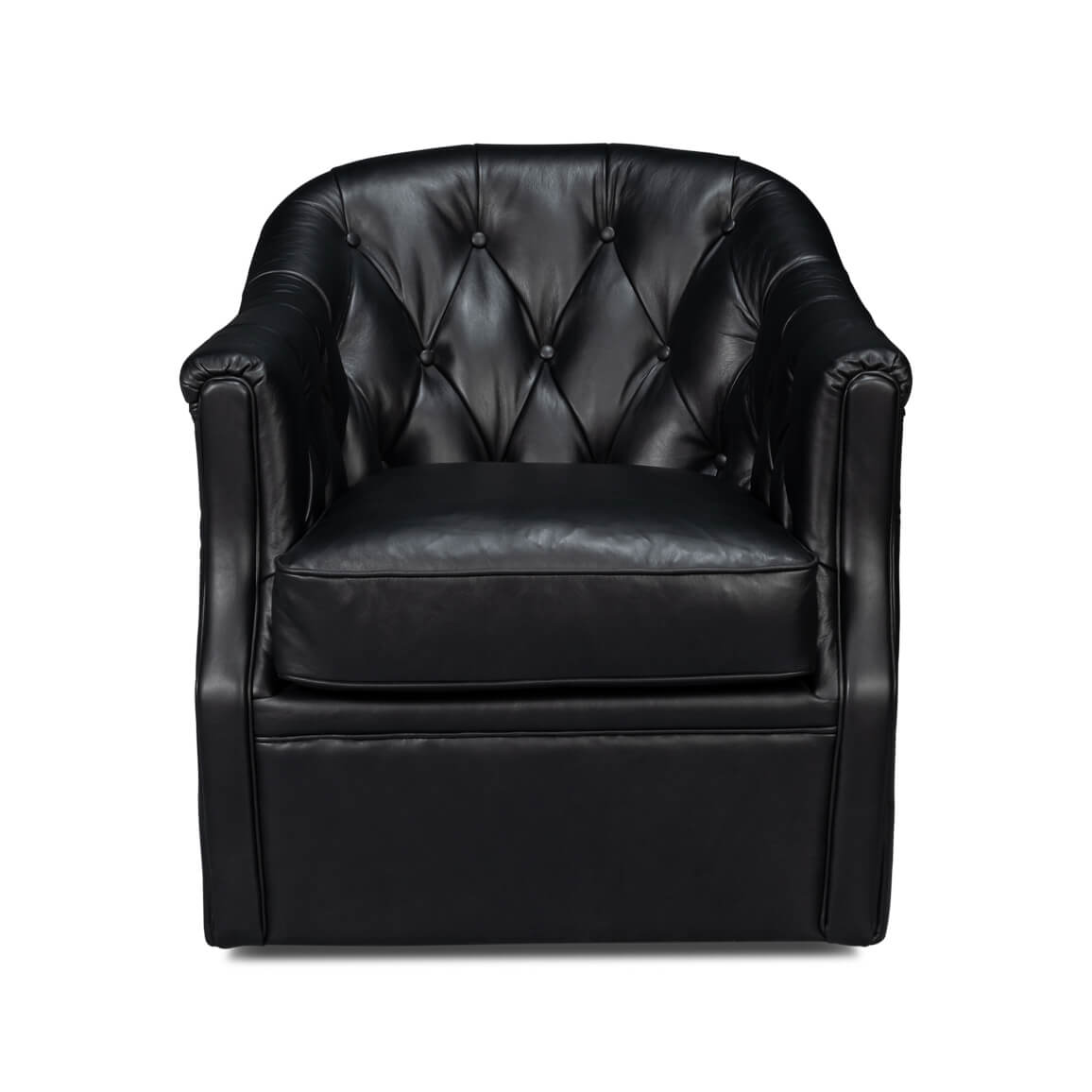 Classic tufted black leather armchair, front view detail.