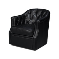 Classic tufted black leather armchair, angled front view.