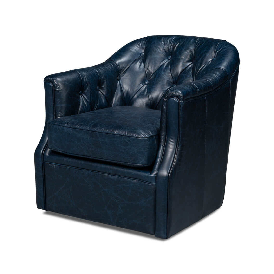Blue leather armchair, front angle view.