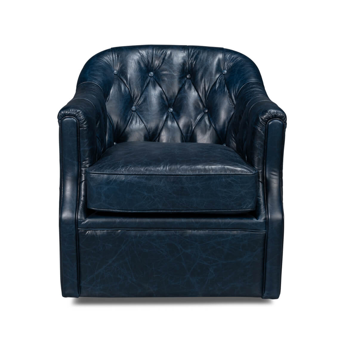 Blue leather armchair, front view.