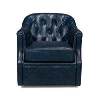 Blue leather armchair, front view.