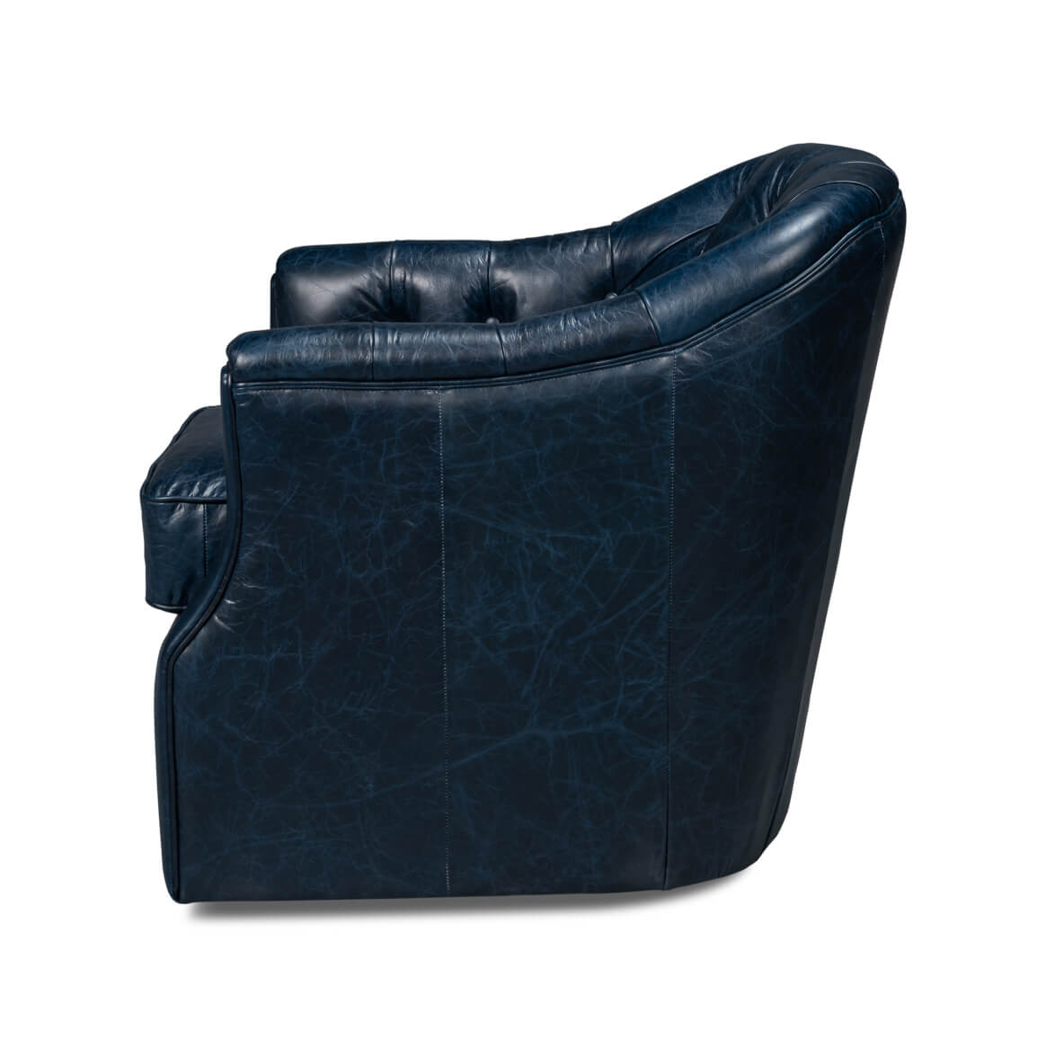 Blue leather armchair, side profile view.