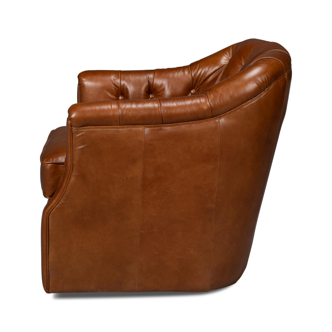 Brown leather armchair, side view, smooth leather finish.