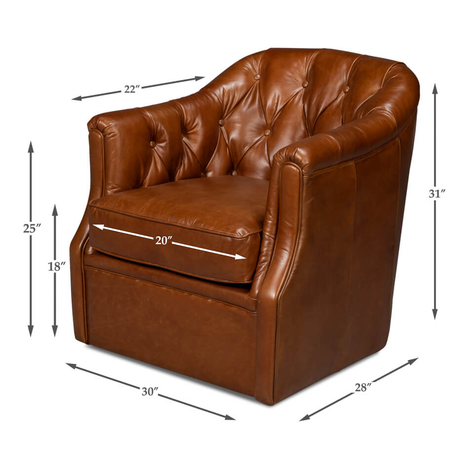 Brown leather armchair, dimensions shown, detailed design.