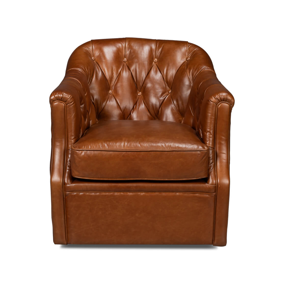 Brown leather armchair, front view, tufted backrest.