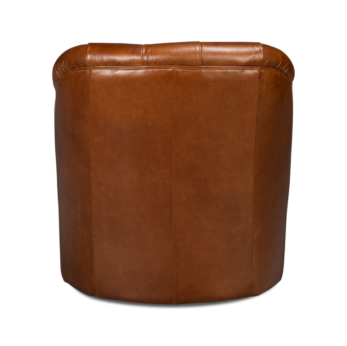 Brown leather armchair, back view, smooth leather texture.