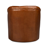 Brown leather armchair, back view, smooth leather texture.
