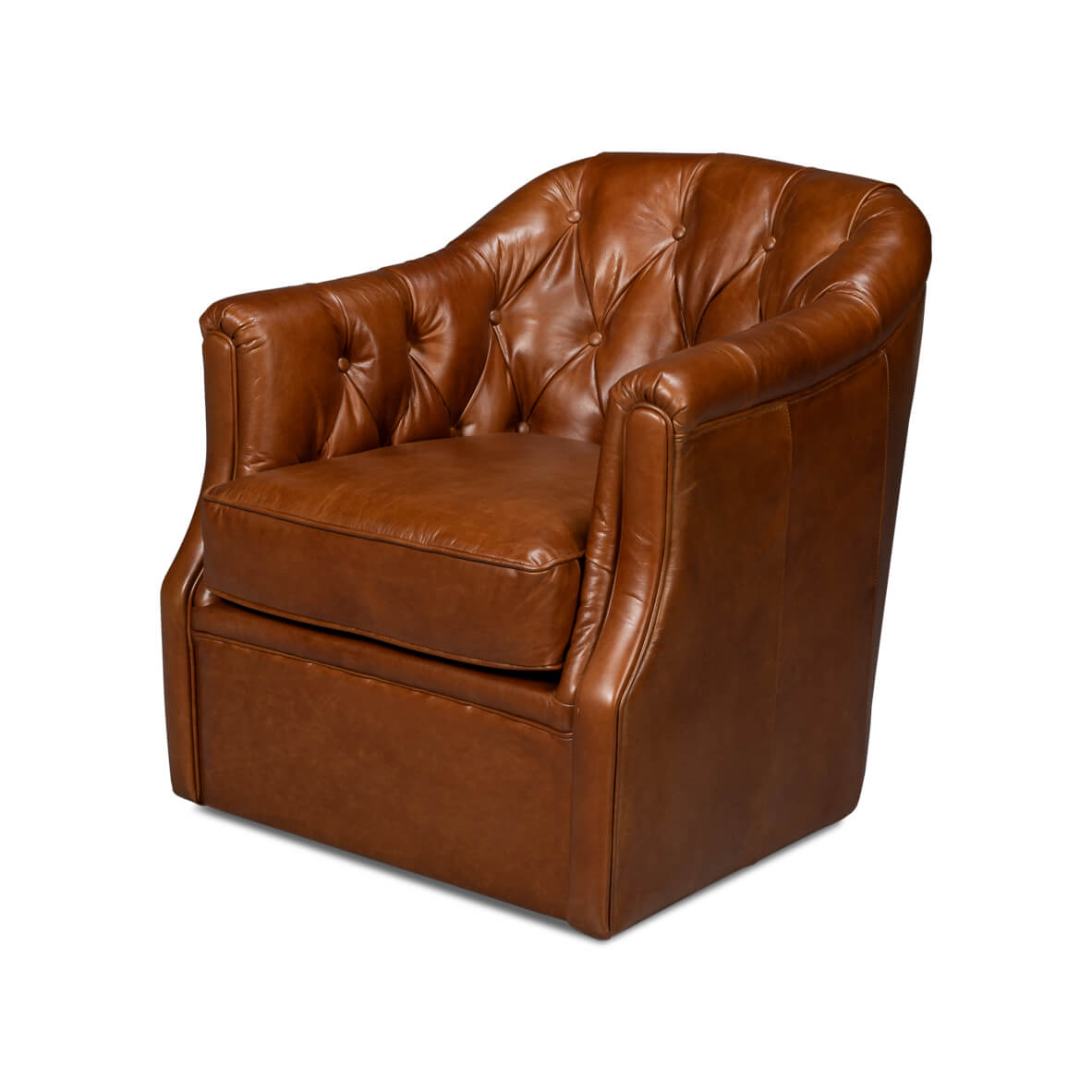 Brown leather armchair, front angle view, tufted accents.