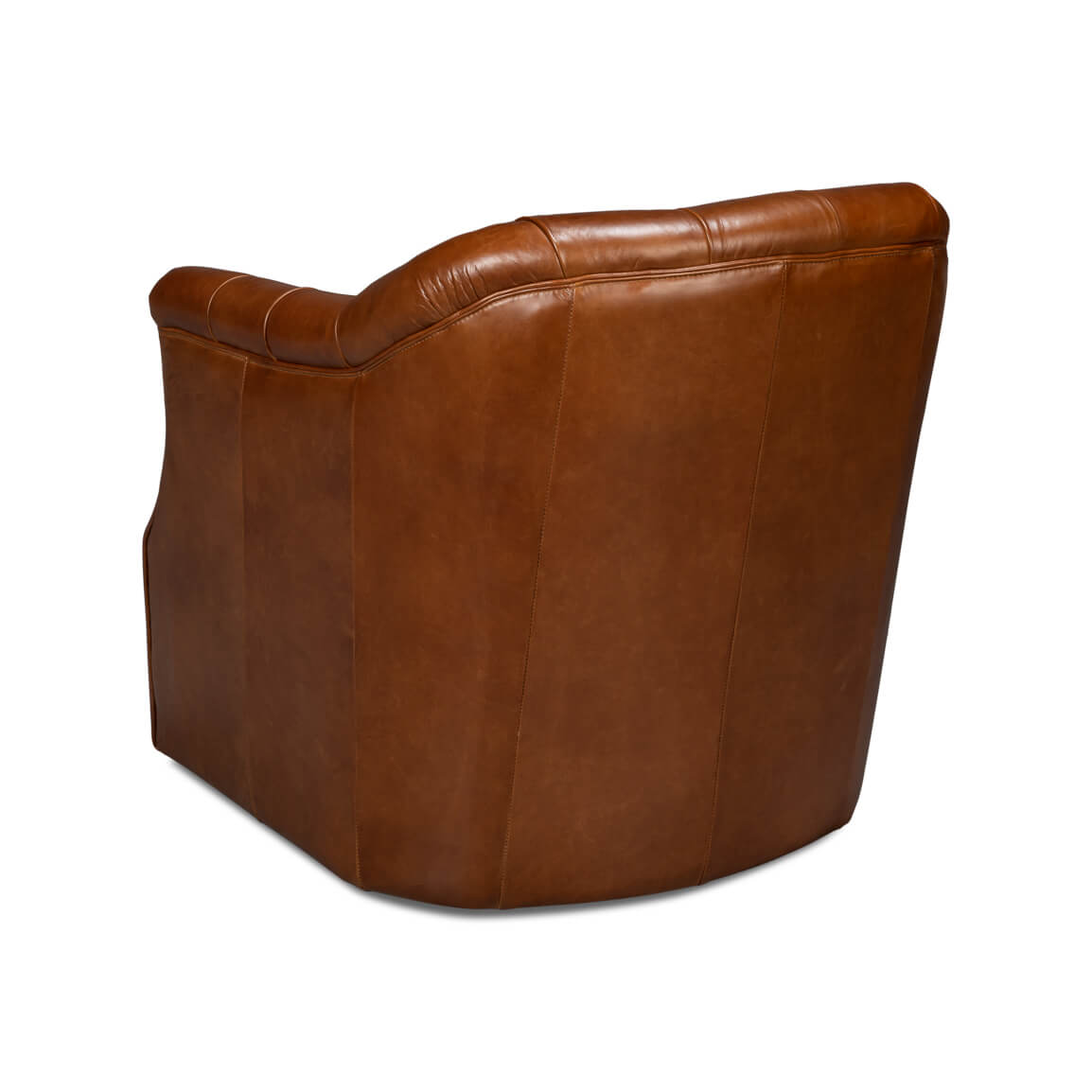 Brown leather armchair, rear angle view, tufted design.