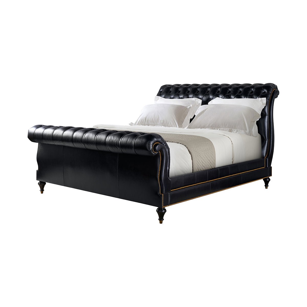 Classic black leather king bed with tufted design, angled view.