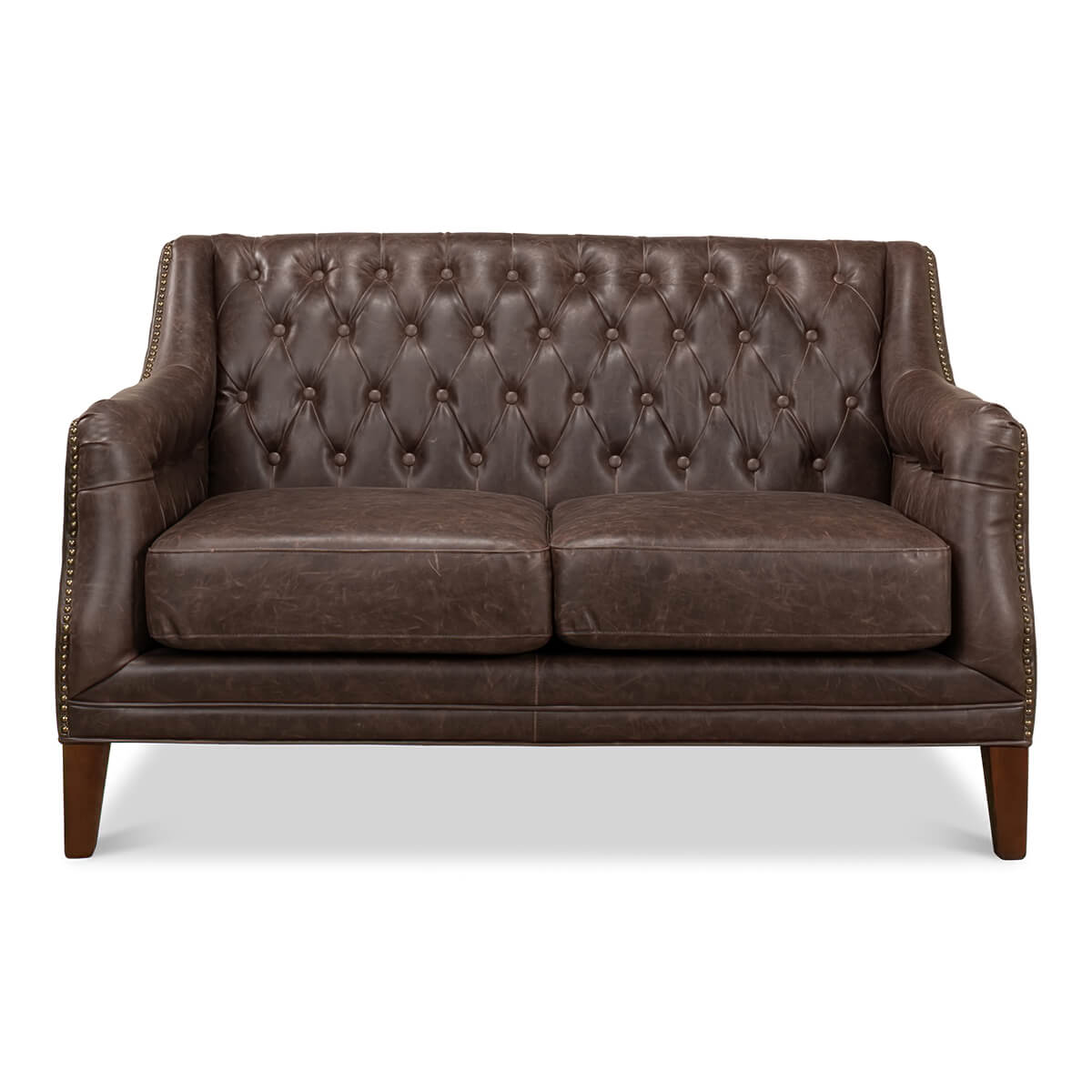 Front view of brown tufted love seat with cushions.