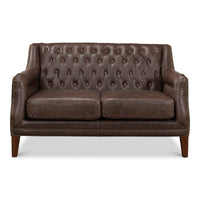 Front view of brown tufted love seat with cushions.