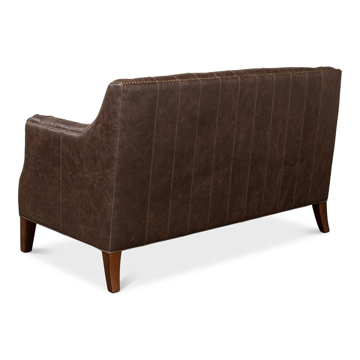 Back view of brown leather love seat, wooden legs.