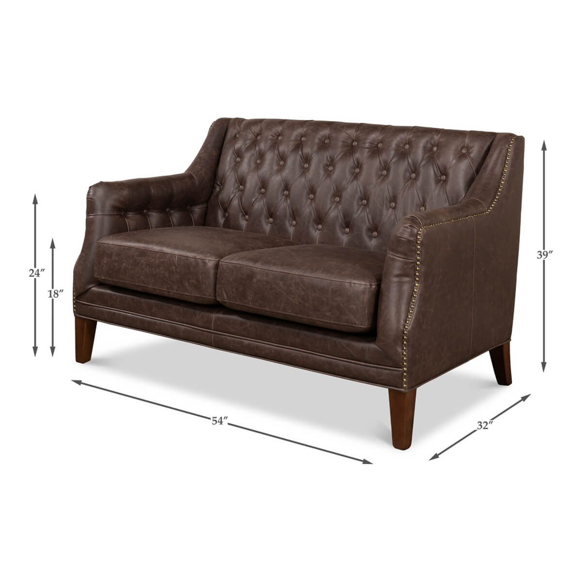 Dimensions of brown tufted love seat, angled view.