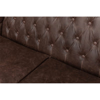 Backrest close-up with tufting, brown love seat.