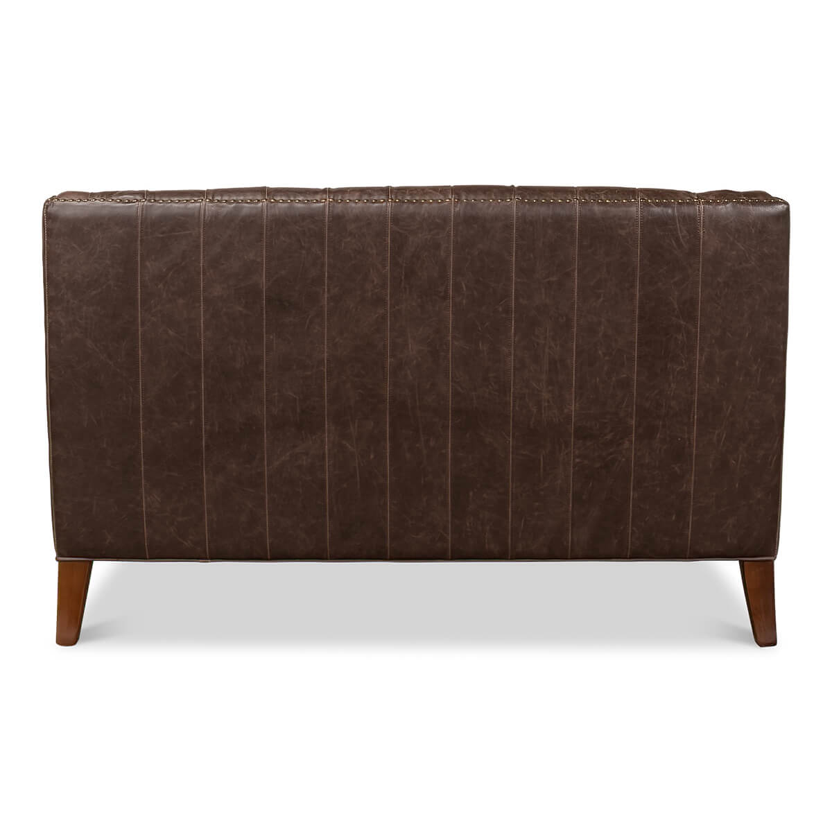 Rear view, vertical stitching on brown leather love seat.