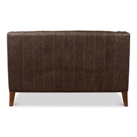 Rear view, vertical stitching on brown leather love seat.
